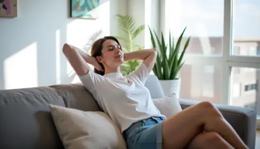 woman relaxes on couch